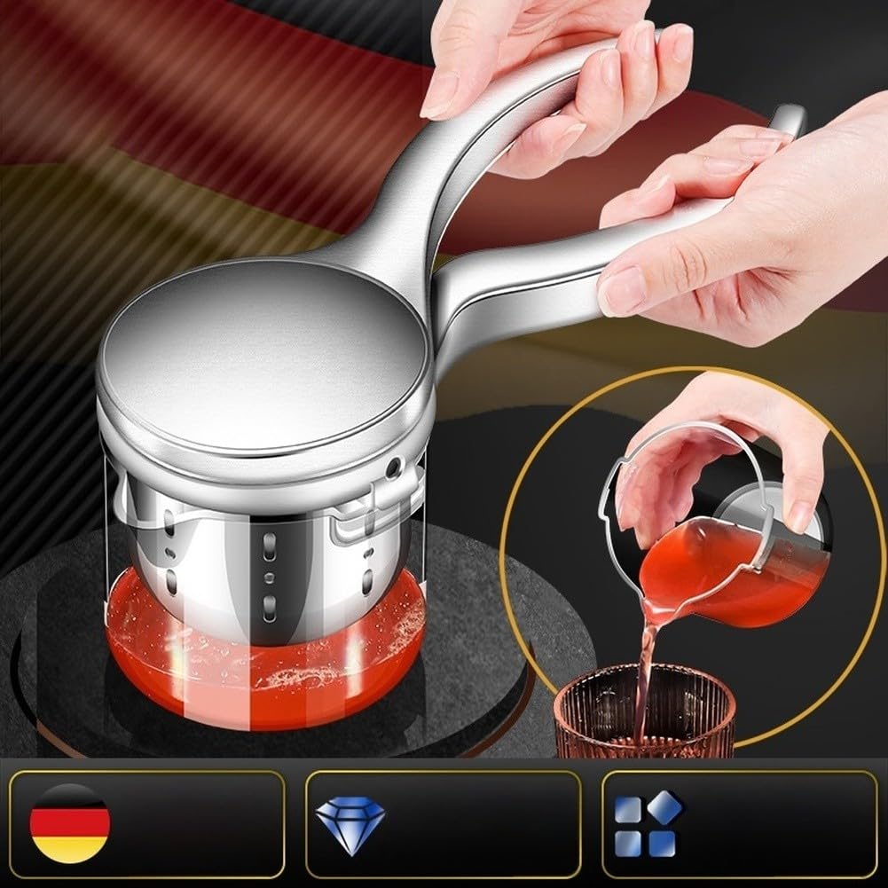 Manueller Edelstahl Entsafter mit 304 Sieb und Drehpresse für Zitronen Obst Gemüse Kartoffelpüree ergonomischer für griff aus Aluminiumlegierung spülmaschinenfest silber 26x9x10,3 cm Küchenhelfer