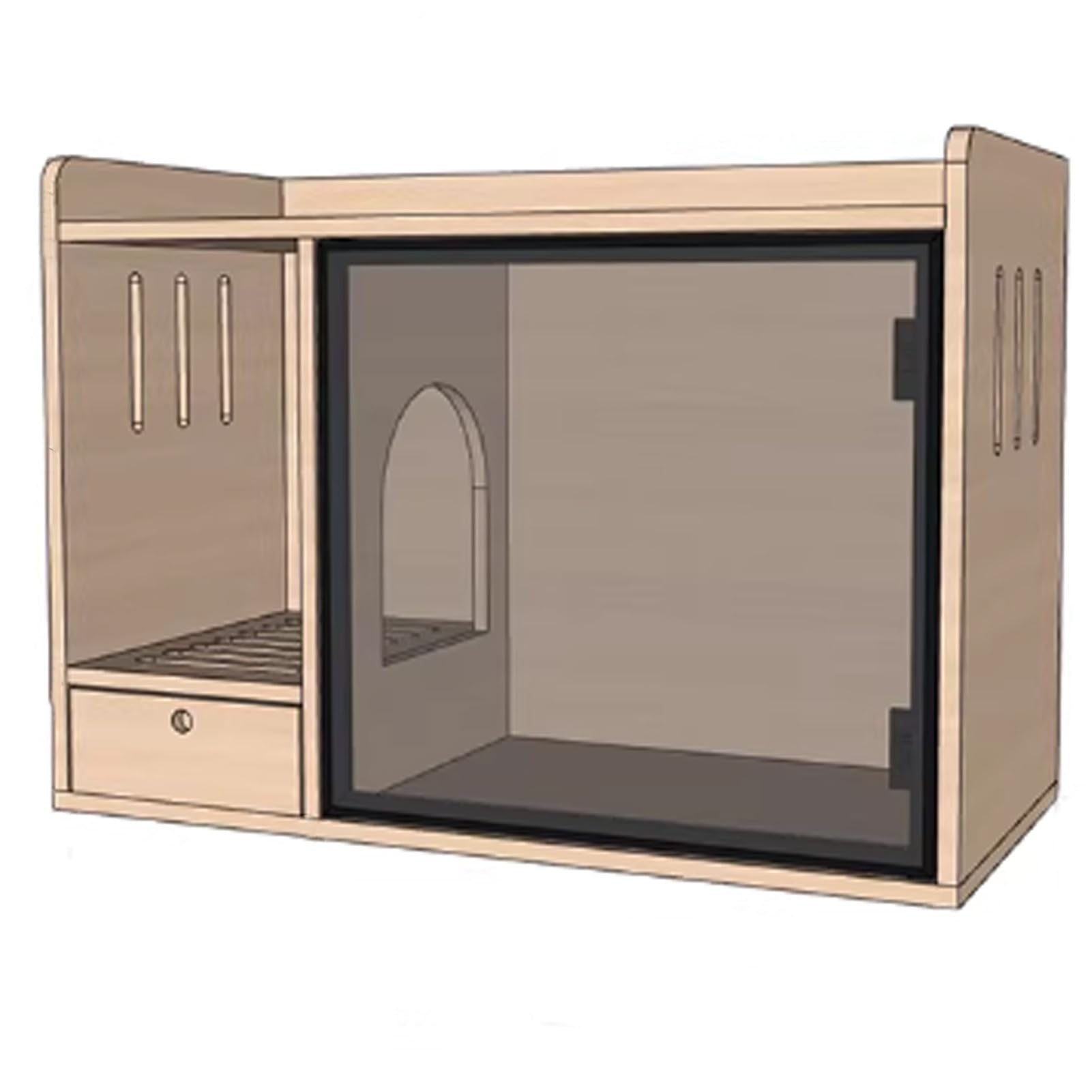 Caja de arena semicerrada para gatos con puertas de cristal y cajones de almacenamiento