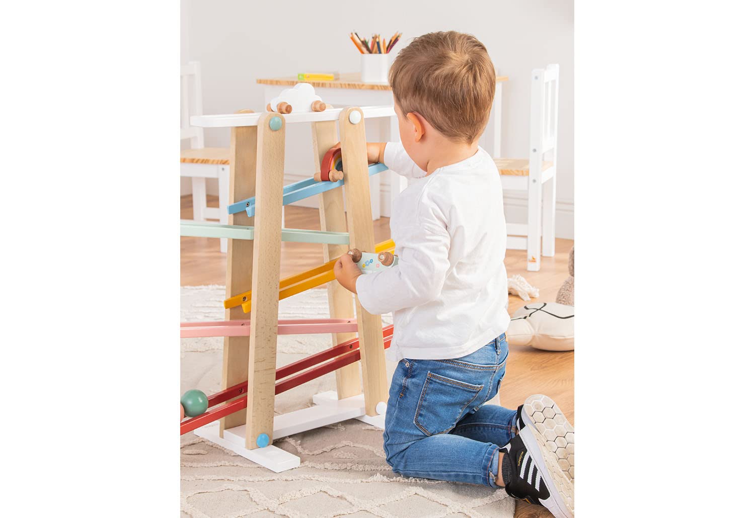 PINOLINO Regenbogen Kugelbahn Kuno, 8-teilig, aus Holz, L 68, B 25, H 56 cm, für Kinder von 3 – 6 Jahren