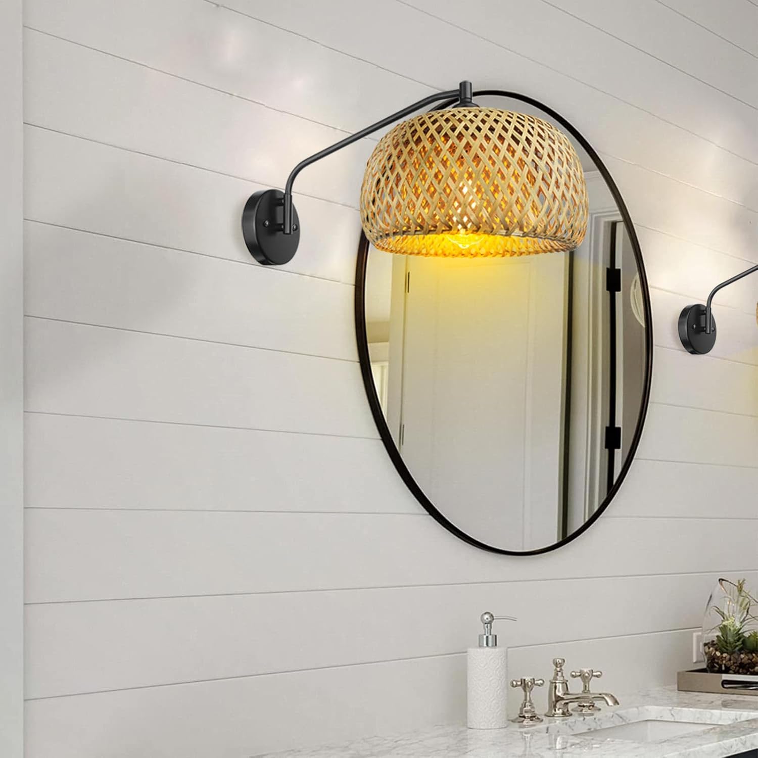 EE Eleven Master Natural Rattan Wall Sconce, Mini Bamboo Wall Light Fixture, Handmade Boho Rattan Light, Farmhouse Light Fixtures for Bedroom Kids Room Hallway Corridor
