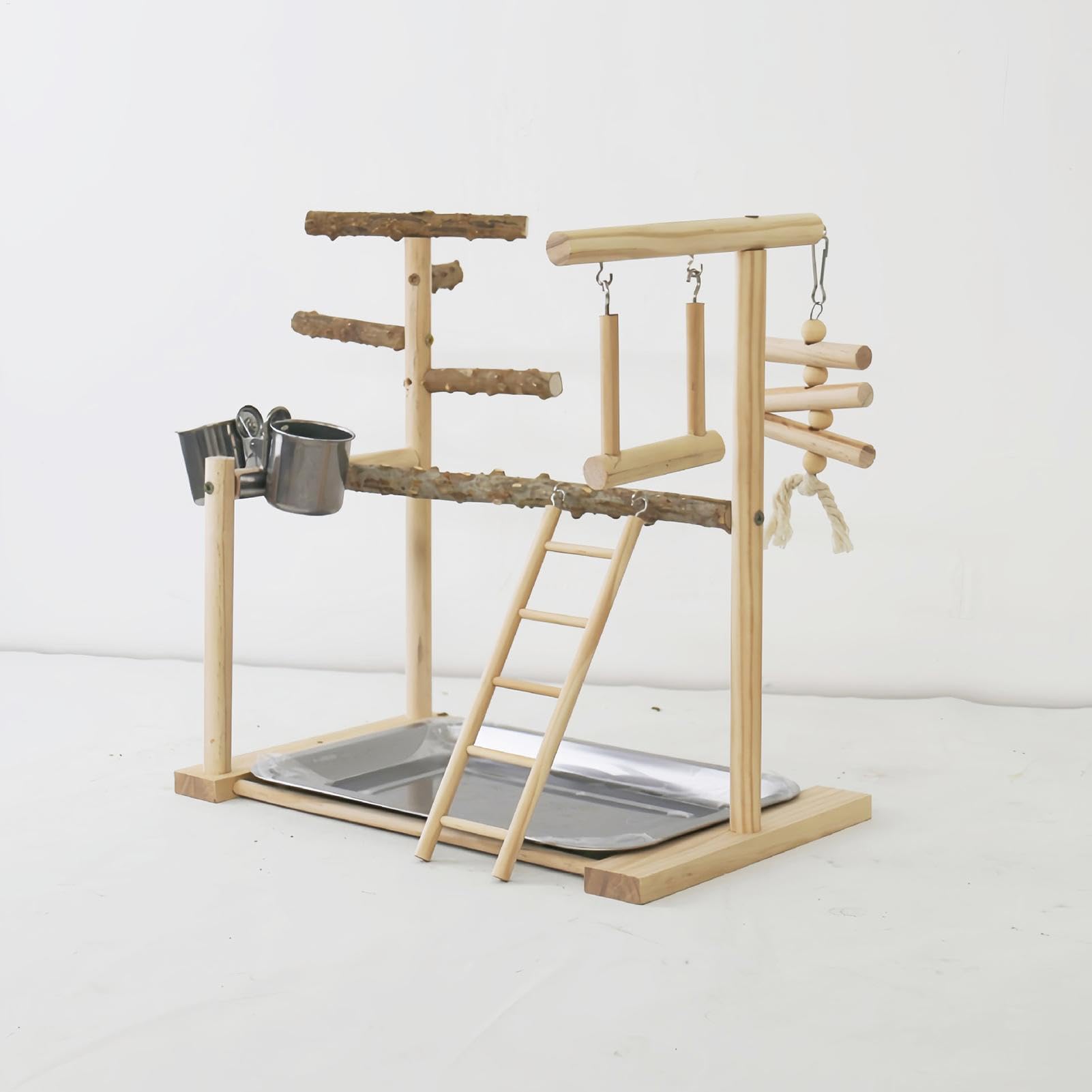 Parque de Juegos para pájaros, Loros, Soporte de Madera para pájaros, Parque de Juegos para periquitos, con Taza de alimentación y Bandeja, Juguetes para pájaros, Juguete de Ejercicio para