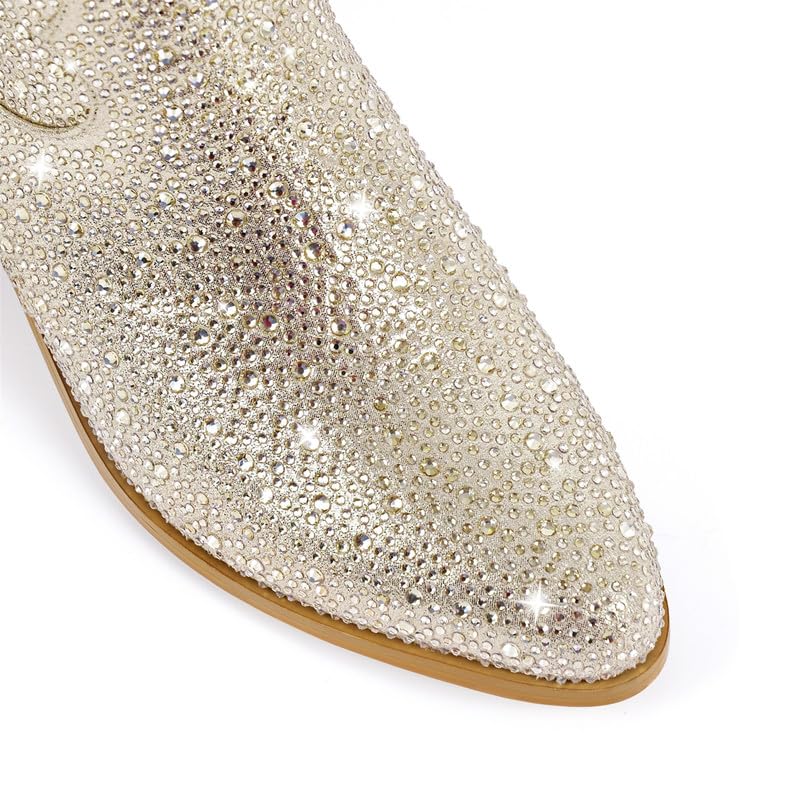 Image of Richealnana Sparkly Rhinestones Cowboy Cowgirl Style Boots Calf High Boots for Women 2INCH Heeled Shining Pull On Tabs