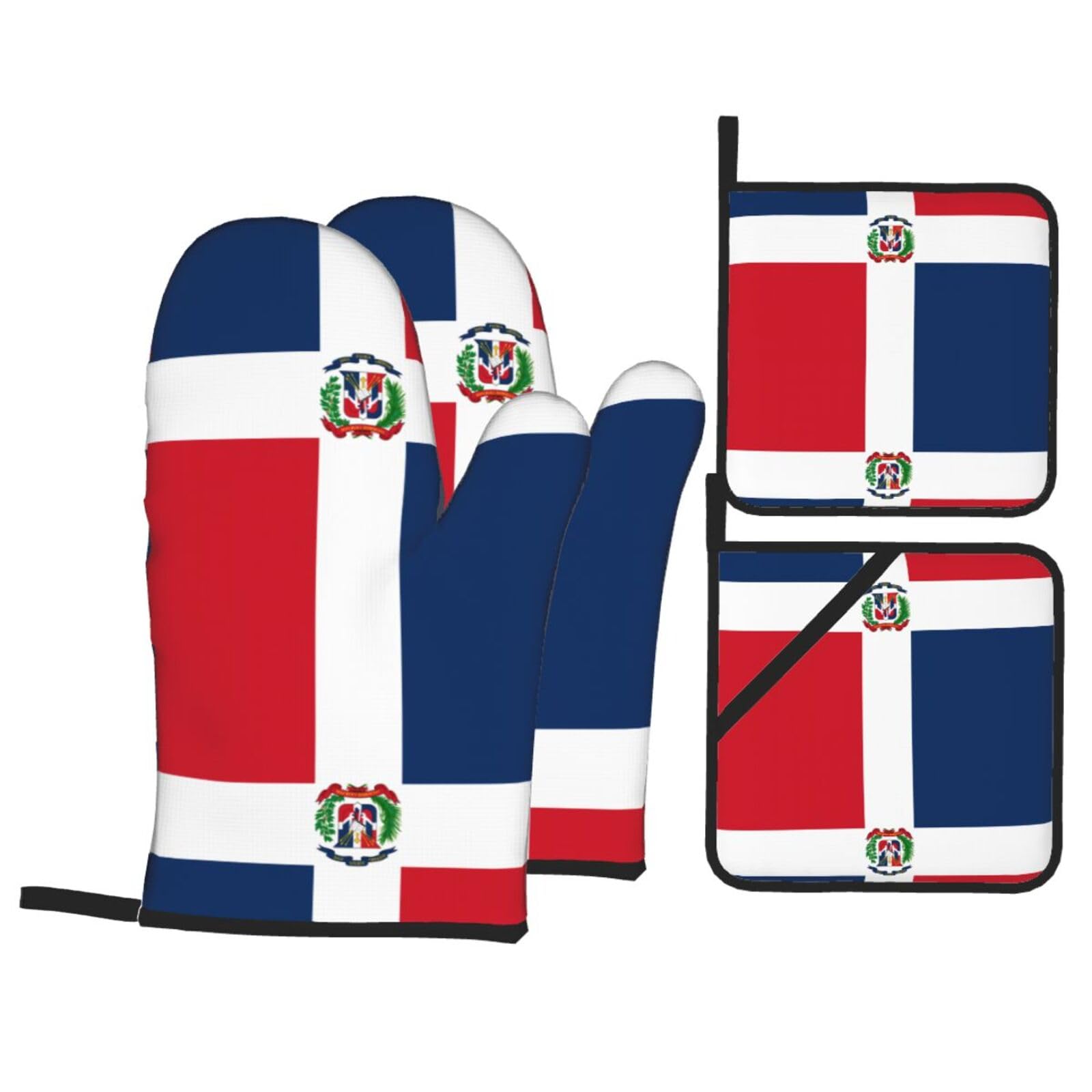 WHJDPP Dominican Republic Prints Kitchen Baking 4-Piece Set with Heat Resistant Pot Holders & Oven Mitts - Waterproof Layer for Easy Clean, Great for Grilling & Baking