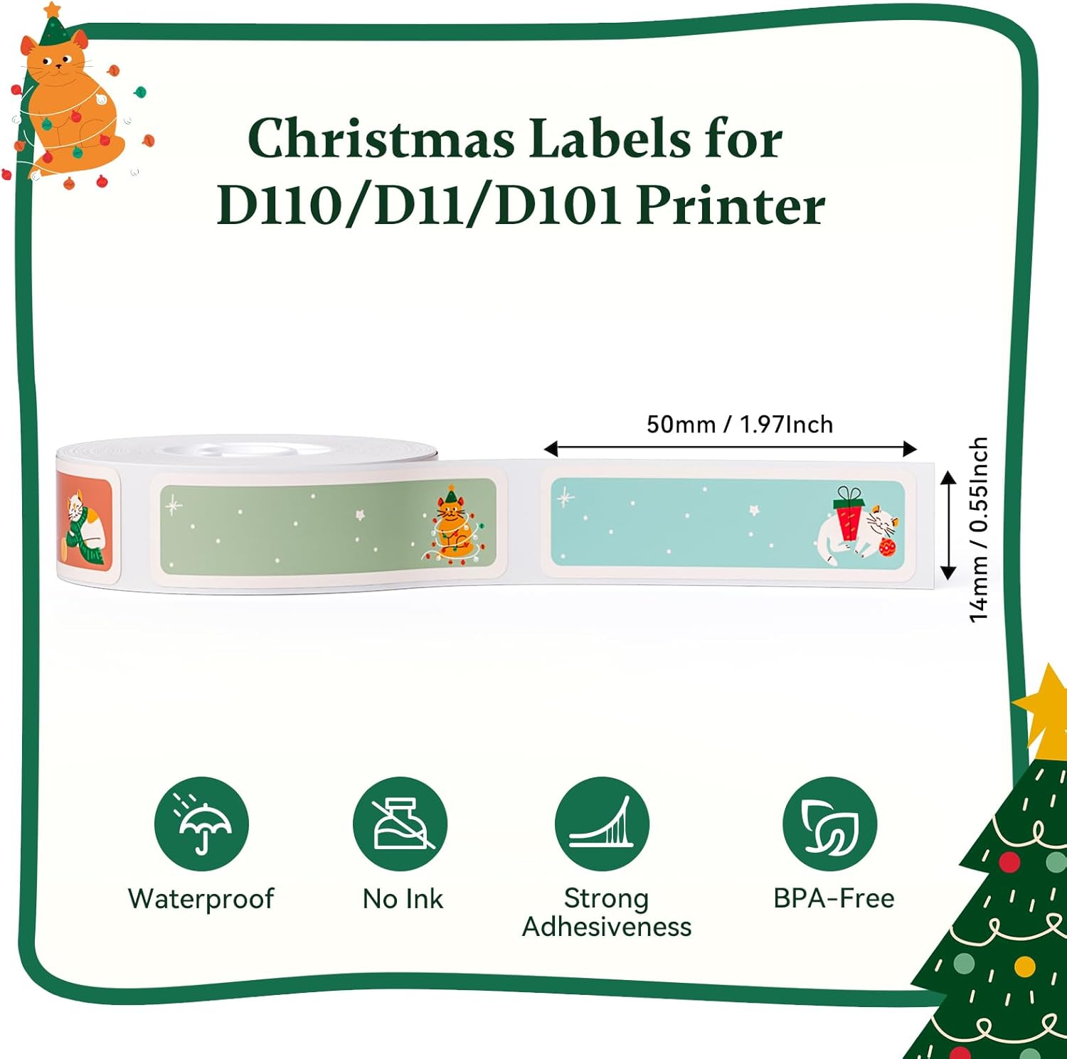 NIIMBOT Christmas Labels for D110/D11/D101 Label Maker,14 x 50 mm (0.55'' x 1.97''), Thermal Label Tape for Christmas Home Office Labeling, Meowy Xmas Pattern - Image 2