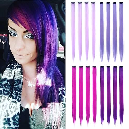 16 extensiones de cabello sintético con clip de color morado, multicolor, para fiestas, Halloween, cosplay, fiesta, Navidad, Año Nuevo, regalo para