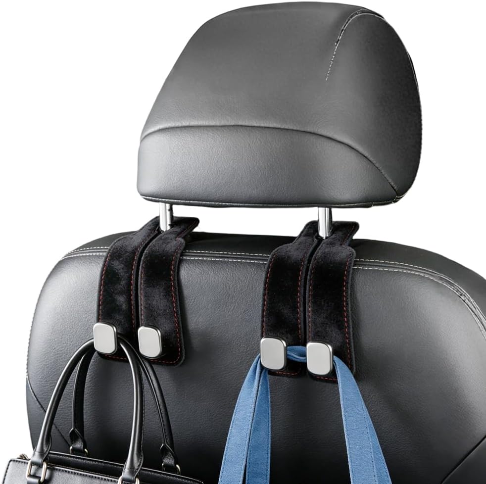 Headrest Hooks for Car,2026 New Two Hook Fur Leather Seat Back Headrest Hanger,Auto Hooks Organizer for Handbag Purse Coat Bags (4, A-Black)