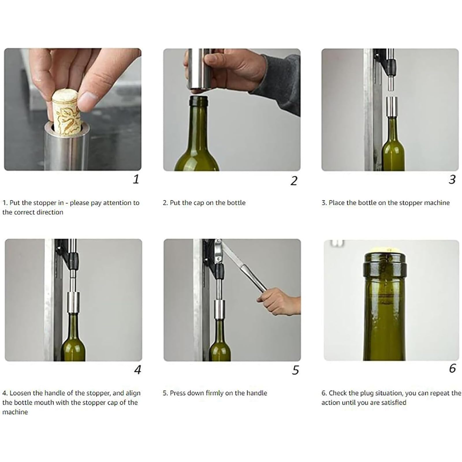 Tapón Corcho Manual Acero Inoxidable, Tapón Corcho para Botellas Vino con 2 Fundas Pom, Altura Apertura La Botella Aproximadamente 8-42 Cm/Rango: Aproximadamente 20-22 Mm Diámetro, para Hogar