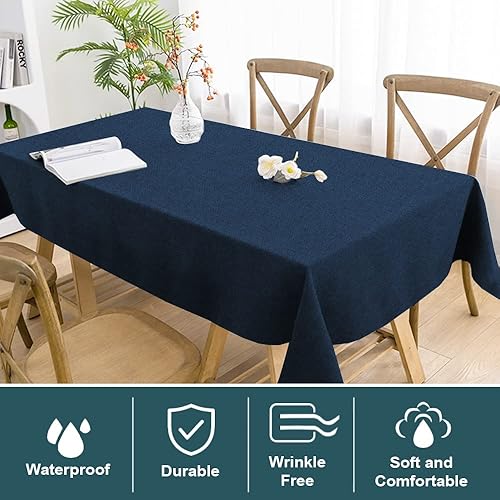 Miniatura 2 de FantasDecor Mantel cuadrado con textura de lino, impermeable, a prueba de derrames, sin arrugas, para comedor y uso al aire libre, azul marino