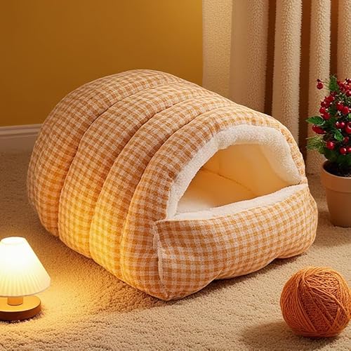 猫 犬 ベッド ハウス 半密閉型 ペットハウス 冬用 保温 洗える 取り外し可能 クッション 超柔短毛 PP綿 高弾力 可愛い ドーム型 2WAY 開閉式 折りたたみ式 猫と小型犬用の暖かい洞窟型スリーピングベッド (M:48*30*20cm(4kgまで)