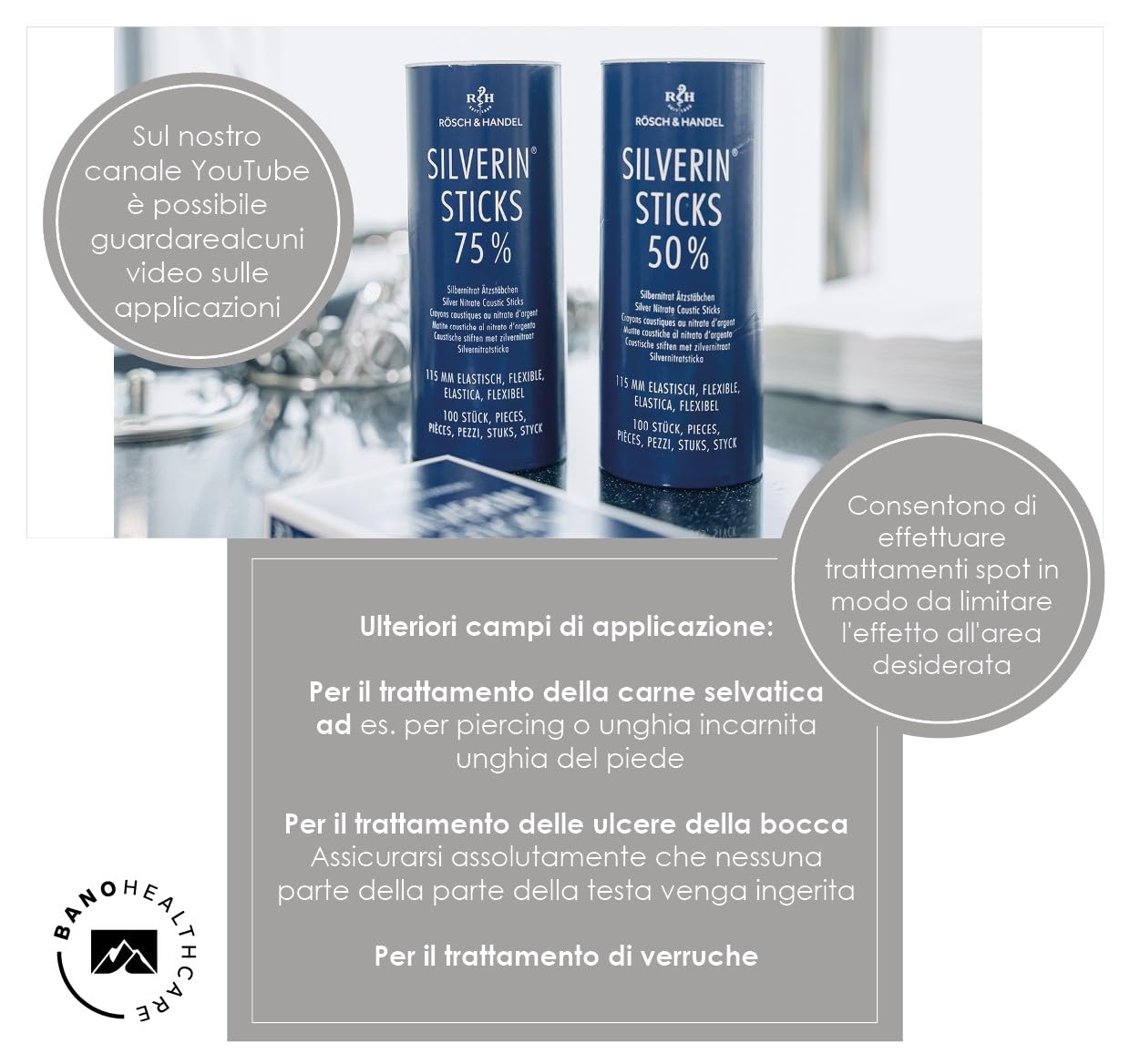 Nitrato d'argento 50% | 200mm elastico | 10 pz. | Per il trattamento della carne selvatica, per il trattamento di verruche e calli, per la cura dello stoma | Rösch und Handel