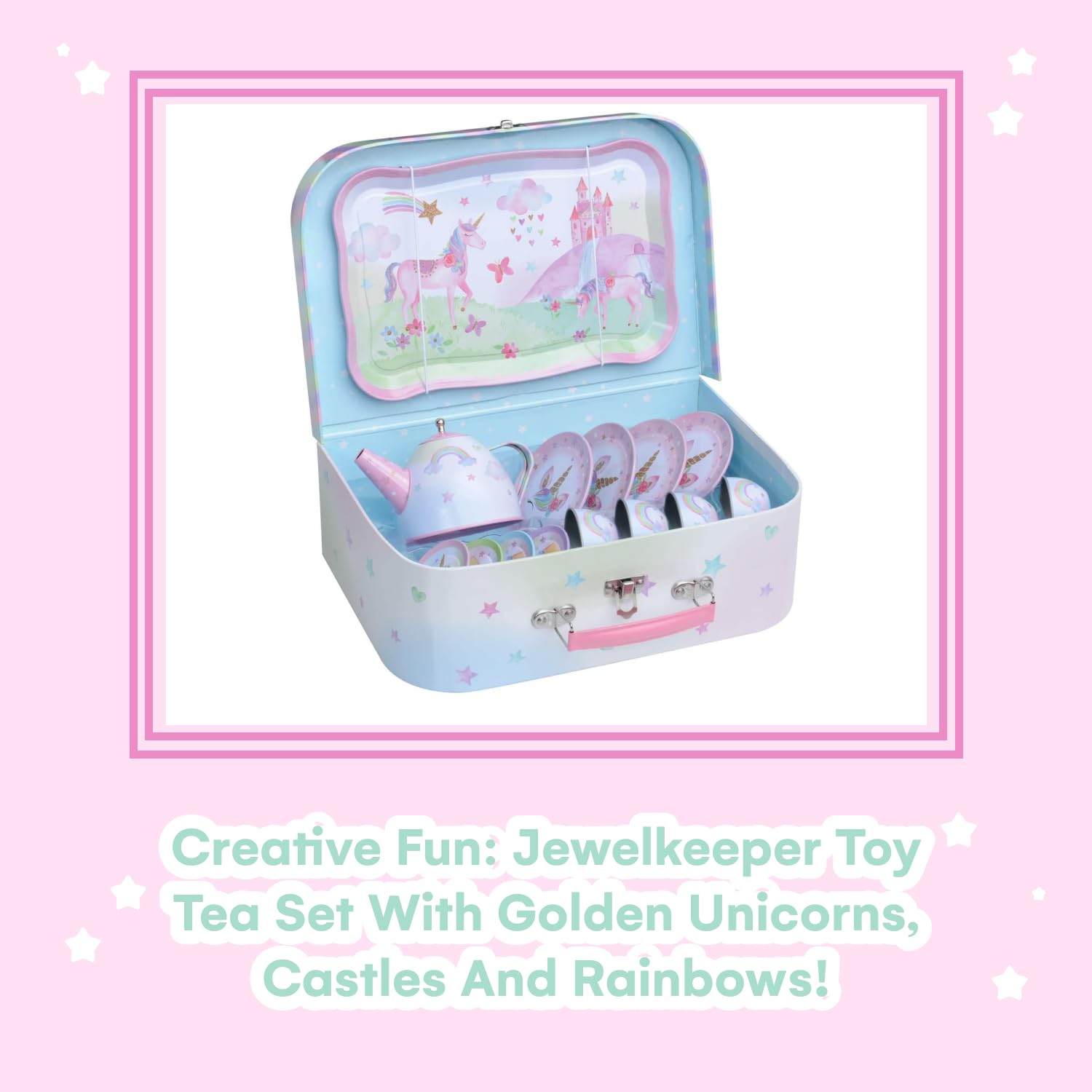 Jewelkeeper Regenbogen Einhorn Design Teeservice Set - 42-teiliges Zinn Tee Set für Kinder mit Lebensmitteln & Tragekoffer, Englisches Spielgeschirr für die Kinderküche