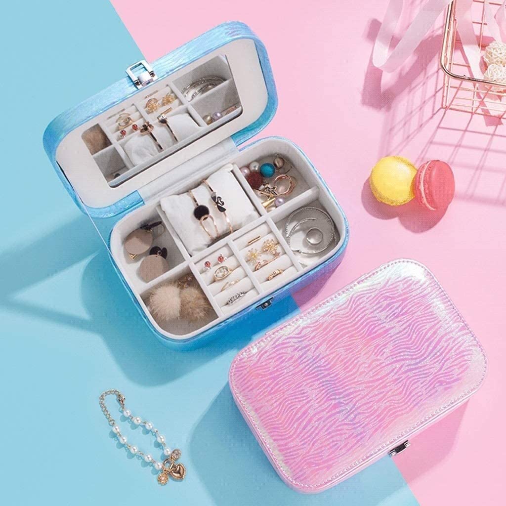 Nowoczesna Etui Na Biżuterię Podróżną Zmienny Kolor PU Leather Jewelry Organizer Pudełko Do Przechowywania Z Lustrem Girl Gift Box Ozdoba(A)