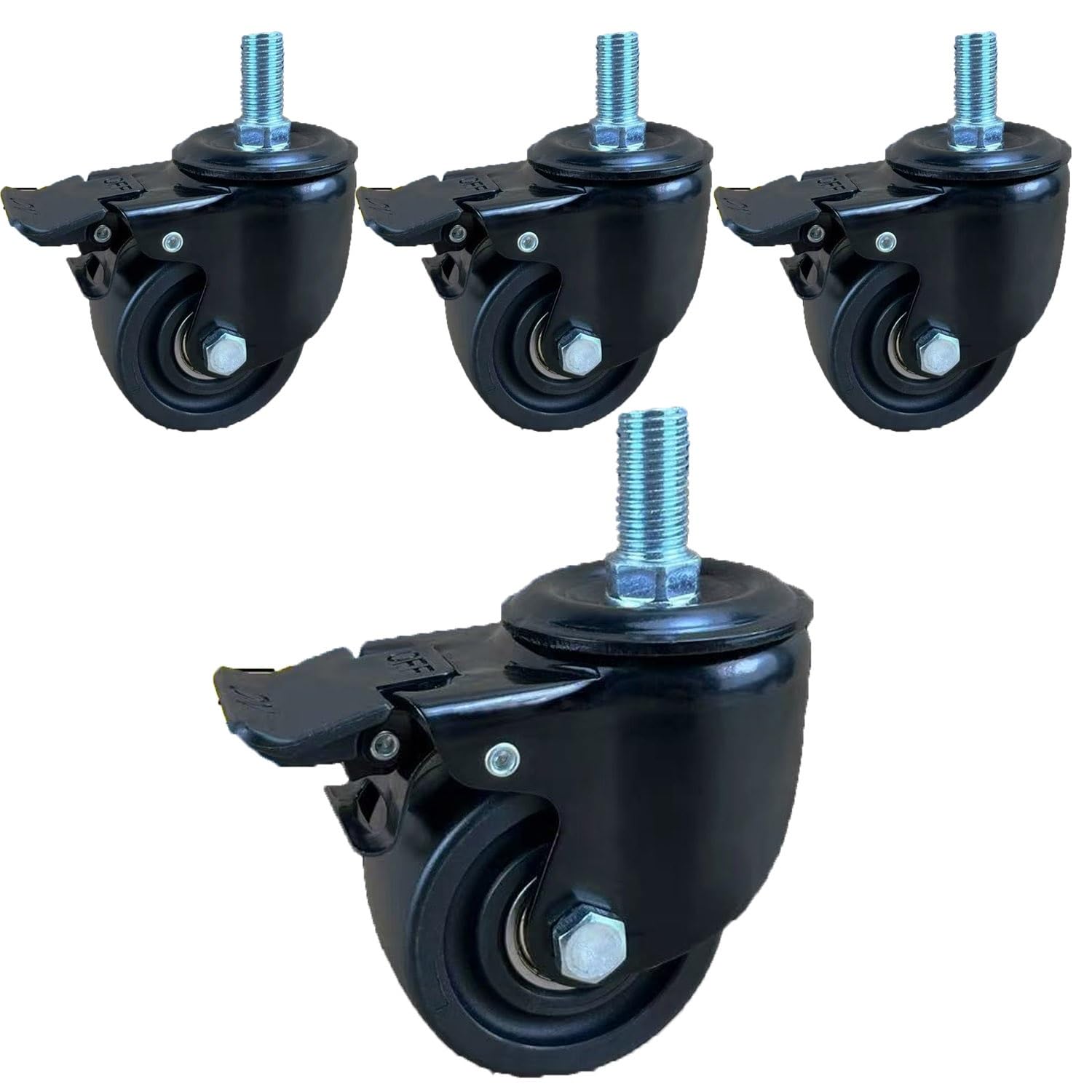 Set di 4 ruote girevoli resistenti, 75 mm, con stelo filettato M14, M16, M20, silenziose, in nylon, per uso industriale, rotazione a 360°, sistema frenante incluso