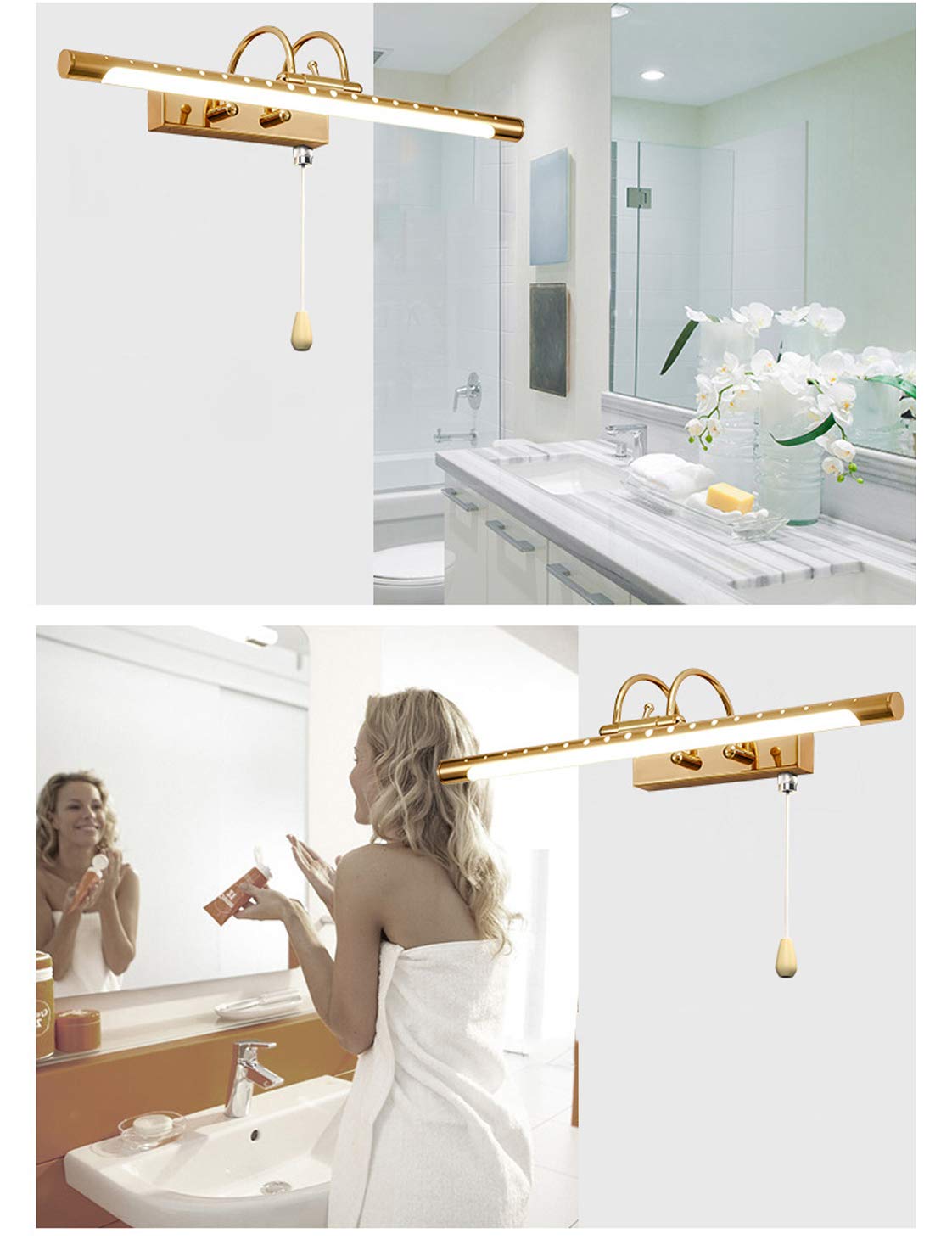 Luci da Specchio a LED Dorate Lampada da Parete dimmerabile Lampada da Specchio a LED Impermeabile con Interruttore per Il Trucco su Specchio Luci a LED per Quadri per Camera da Letto, efficienza 7W