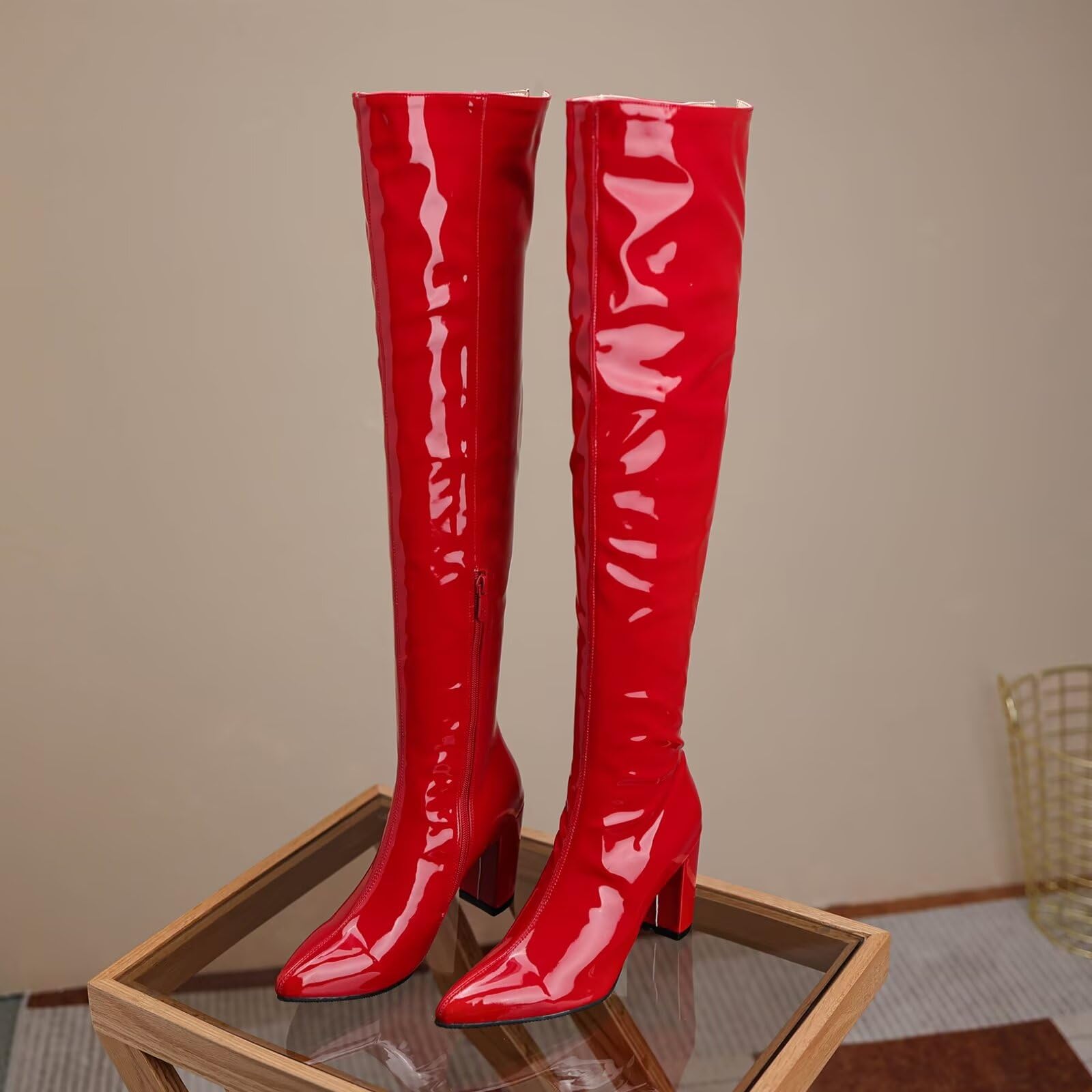 Lack Overknee Stiefel mit Blockabsatz Langschaft Stiefel Winterstiefel