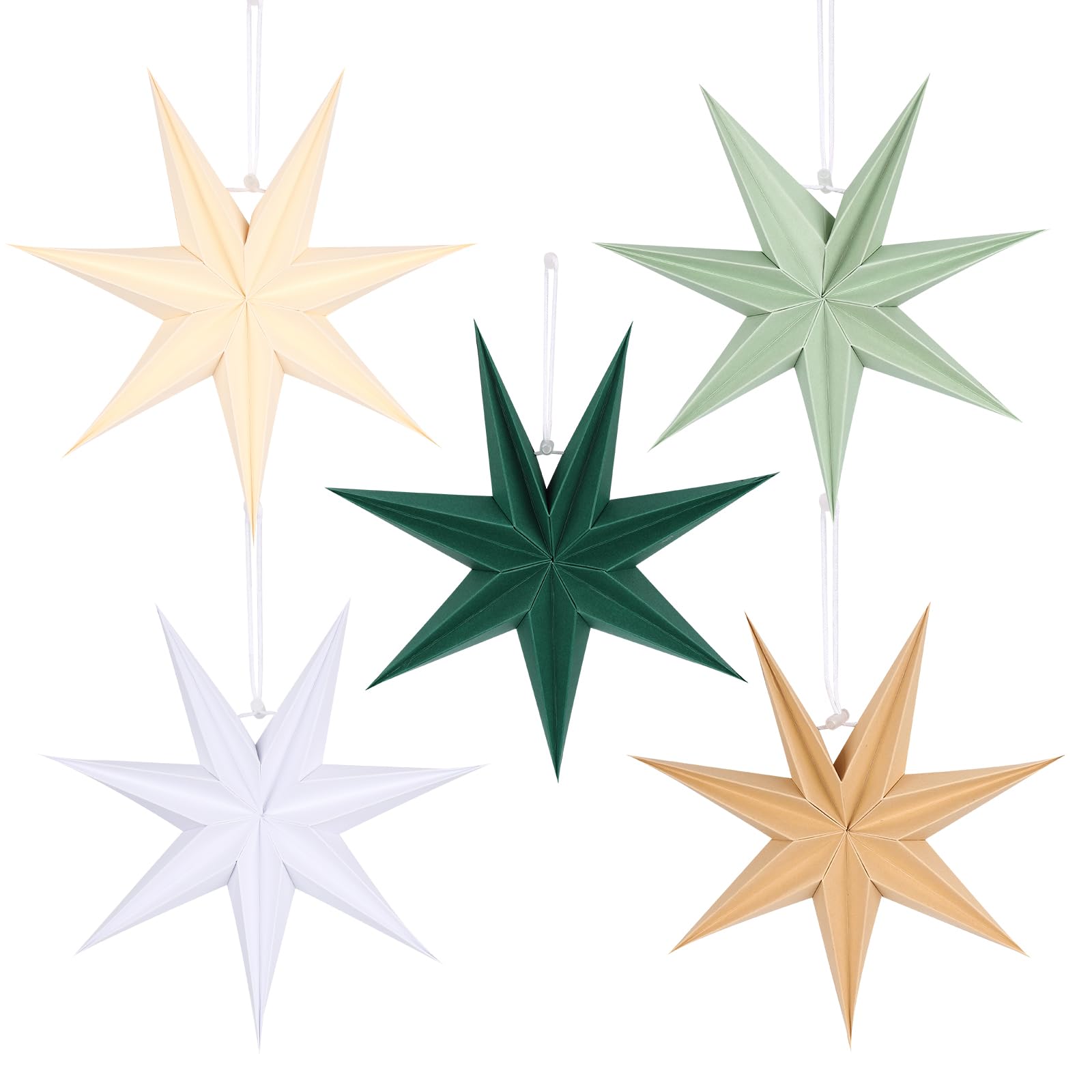 12 Inches 5 PCS Sage Green Paper Star Lanterns Hanging Stars Christmas Party Decorations Hanging Lampshade Christmas Wedding Birthday Christmas Home Party Decorations(7 Pointed)