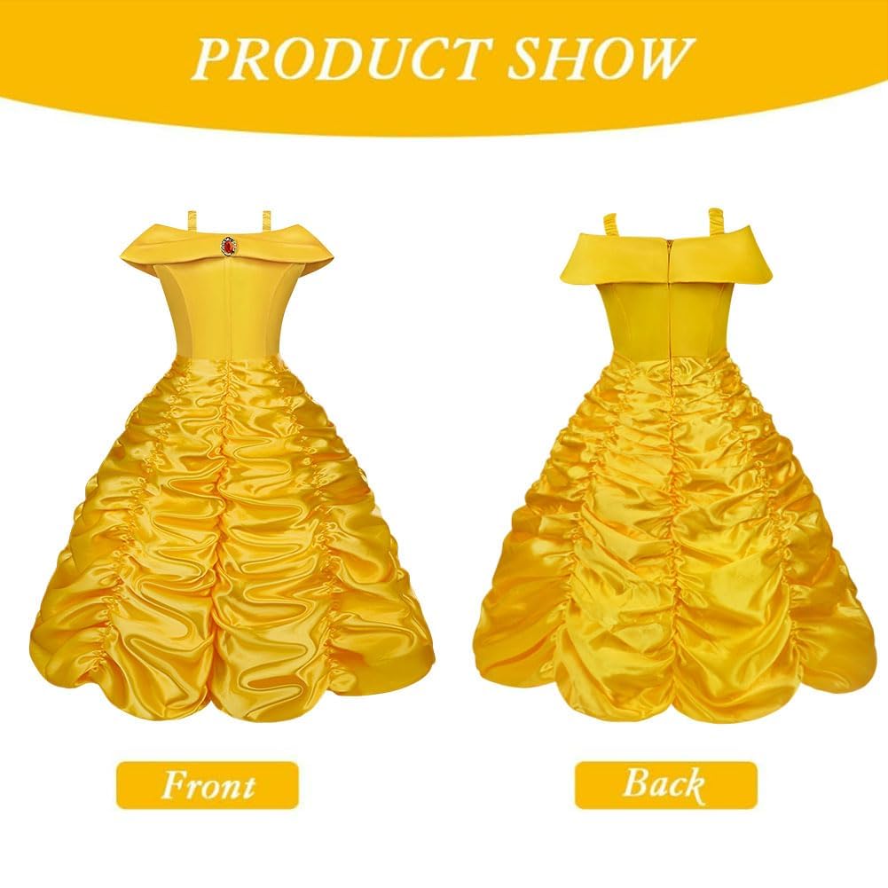 Vicloon Belle Cosplay Costume, Principessa Belle Carnevali Costume Vestito da Ragazza con Principessa Corona, Principessa Bacchetta, Festa di Compleanno Natale Holloween Cosplay Party, 140CM