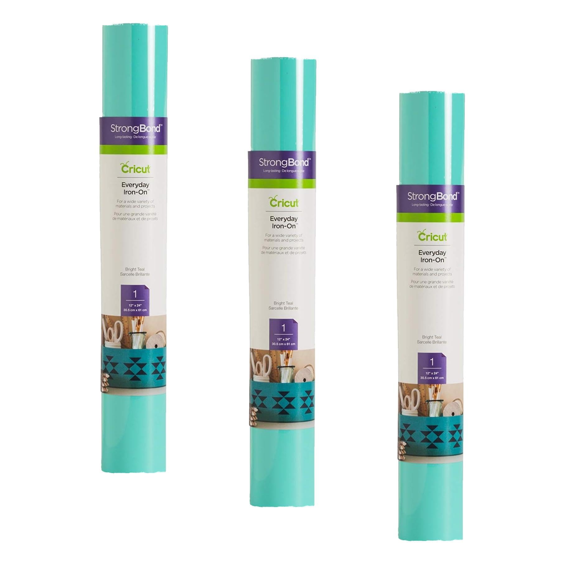 Cricut Everyday Iron On - Bright Teal, 3-Pack of 2ft Rolls (12"x24"), 6ft Total - HTV Heat Transfer Vinyl for Shirts, Apparel, Hats &amp; More - Compatible with Maker &amp; Explore Machines