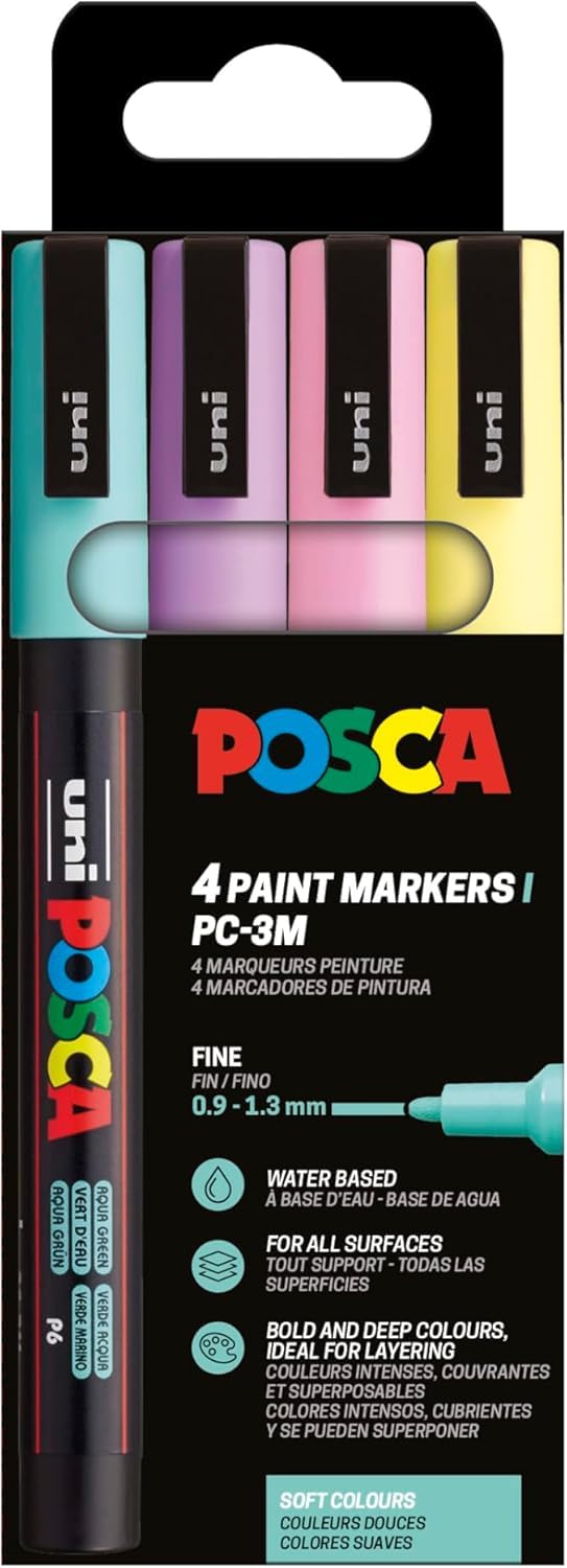 Posca 186542 Marker Set 4 PC-3M Acrylic Pens Permanent Marker 0.9-1.3mm Round Tip