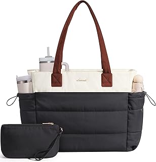 LOVEVOOK Tote Bag for Women with Giant Tumbler Holder Pocket, Puffer Work Travel Laptop Handbag with Zipper for Nurse Teacher