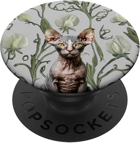 Miniatura 1 de Sphynx Cat White Gray Sweet Pea Summer Vintage Flower PopSockets Standard PopGrip