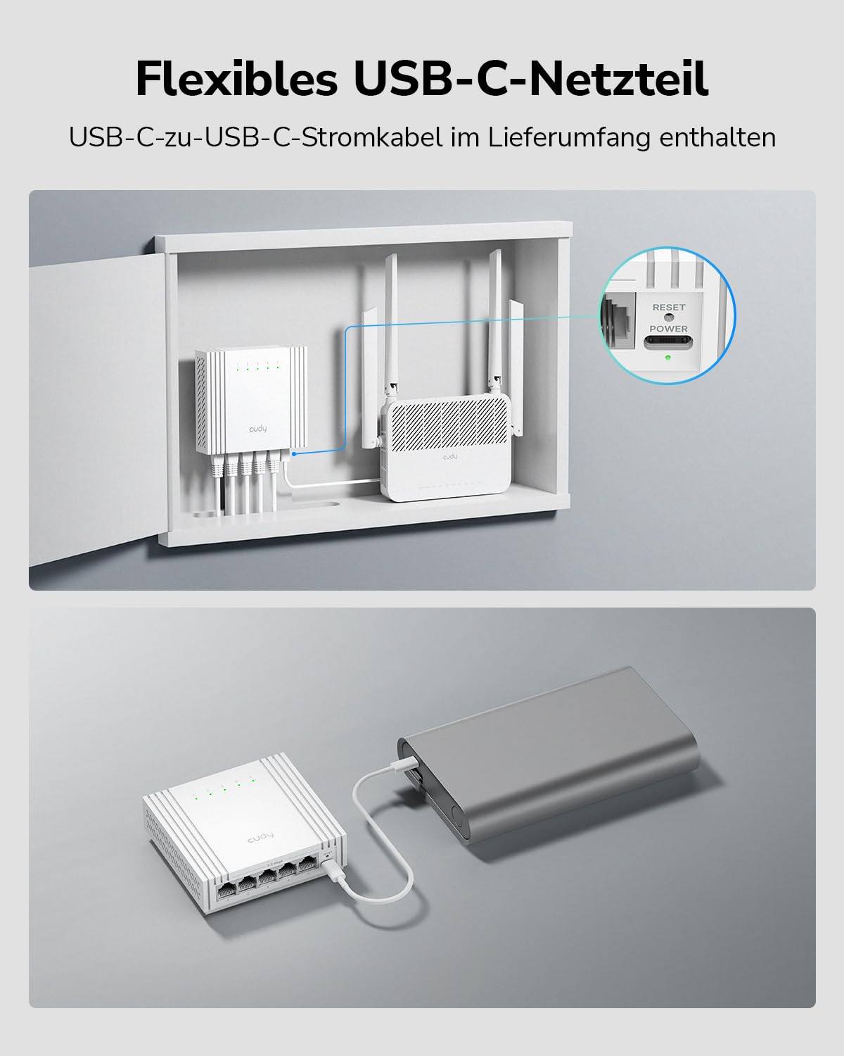 Cudy 5‑Port 2,5G Easy‑Managed Ethernet Switch USB‑C Strom HS105U | Websteuerung, VLAN, QoS, Loop Prevention, Cat5e, Silent, NAS, Gaming, Büro, Desktop-Setups, Wandmontage, Plug & Play