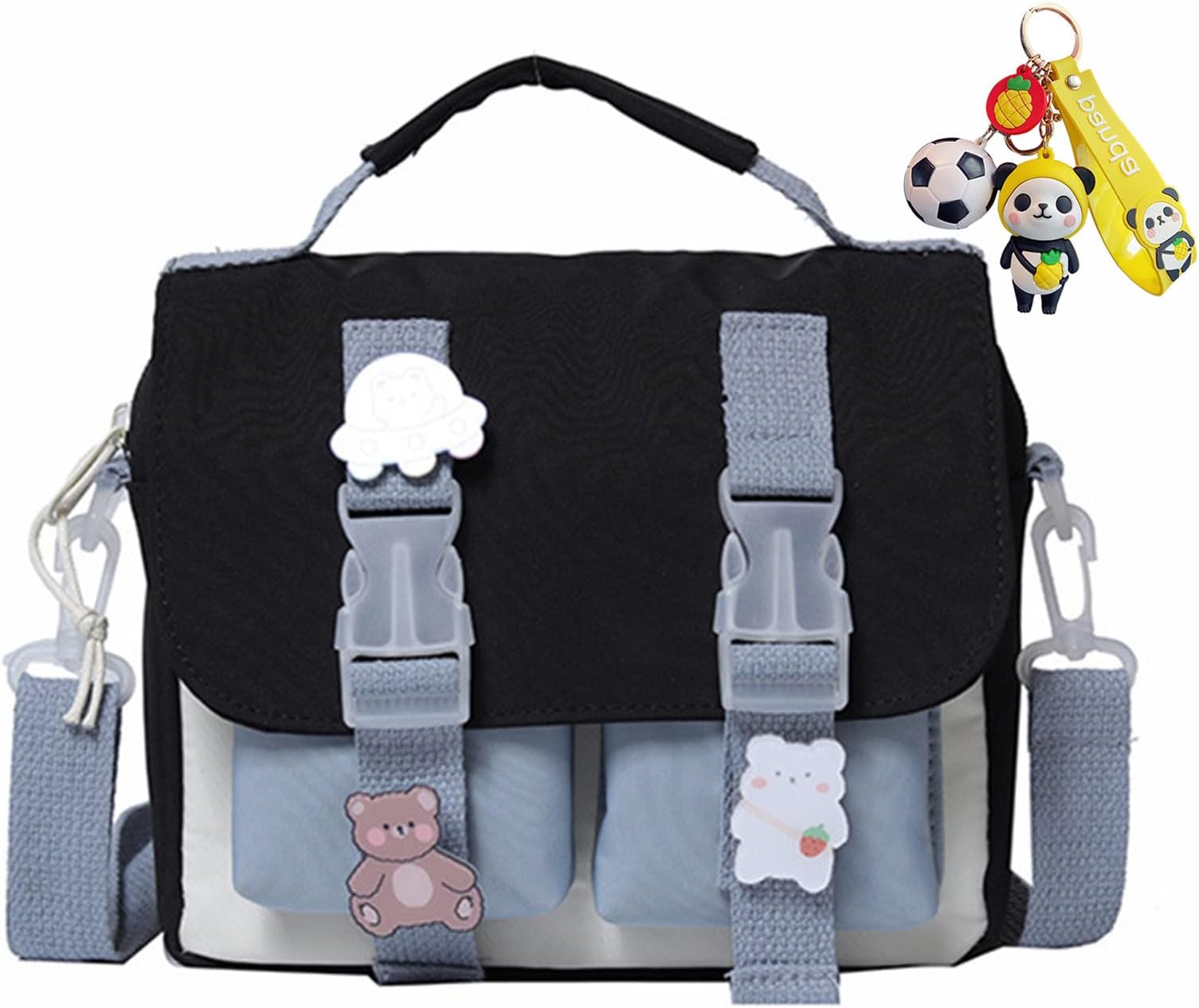 Kawaii Shoulder Bag with Cute Accessories Pins Kawaii Tote Bag School Crossbody Backpack Casual Fashion (Black) One Size
