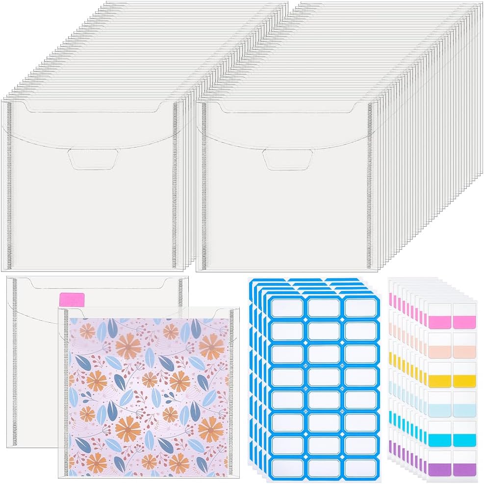 NBEADS 60Pcs Scrapbook Paper Storage, Plastic Sleeves with 120 Label Stickers Clear Paper Storage Bag with Lid for Scrapbook, Cardstock, Origami Paper, Cookie Stencil, 6.57x6.77inch