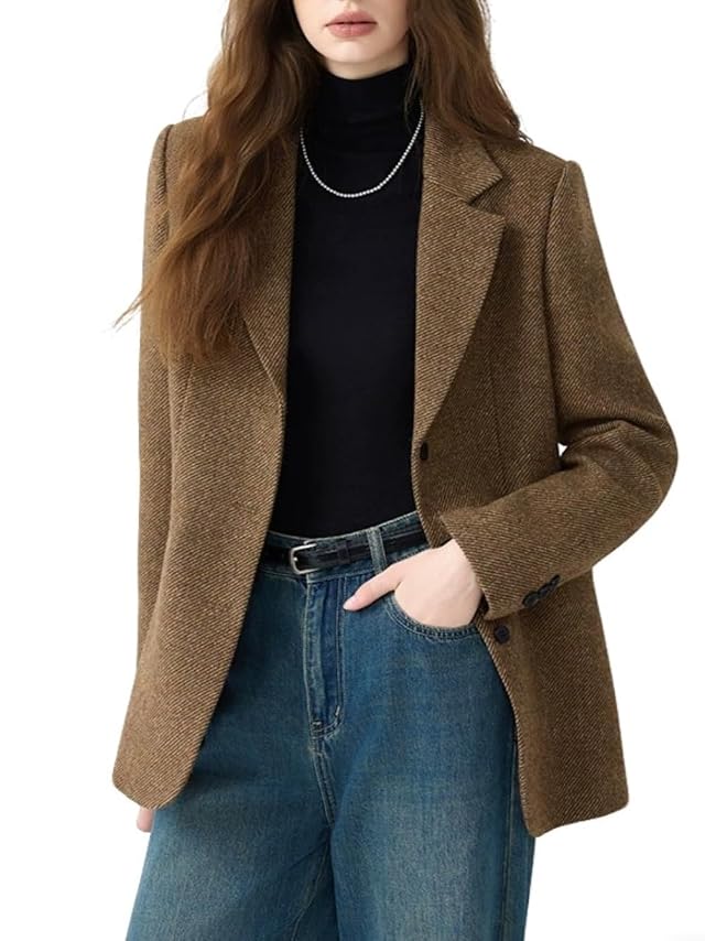 CHARTOU Women Vintage Herringbone Blazer Jacket Fall Winter Wool Lapel Single Breasted Business Casual Work Coat