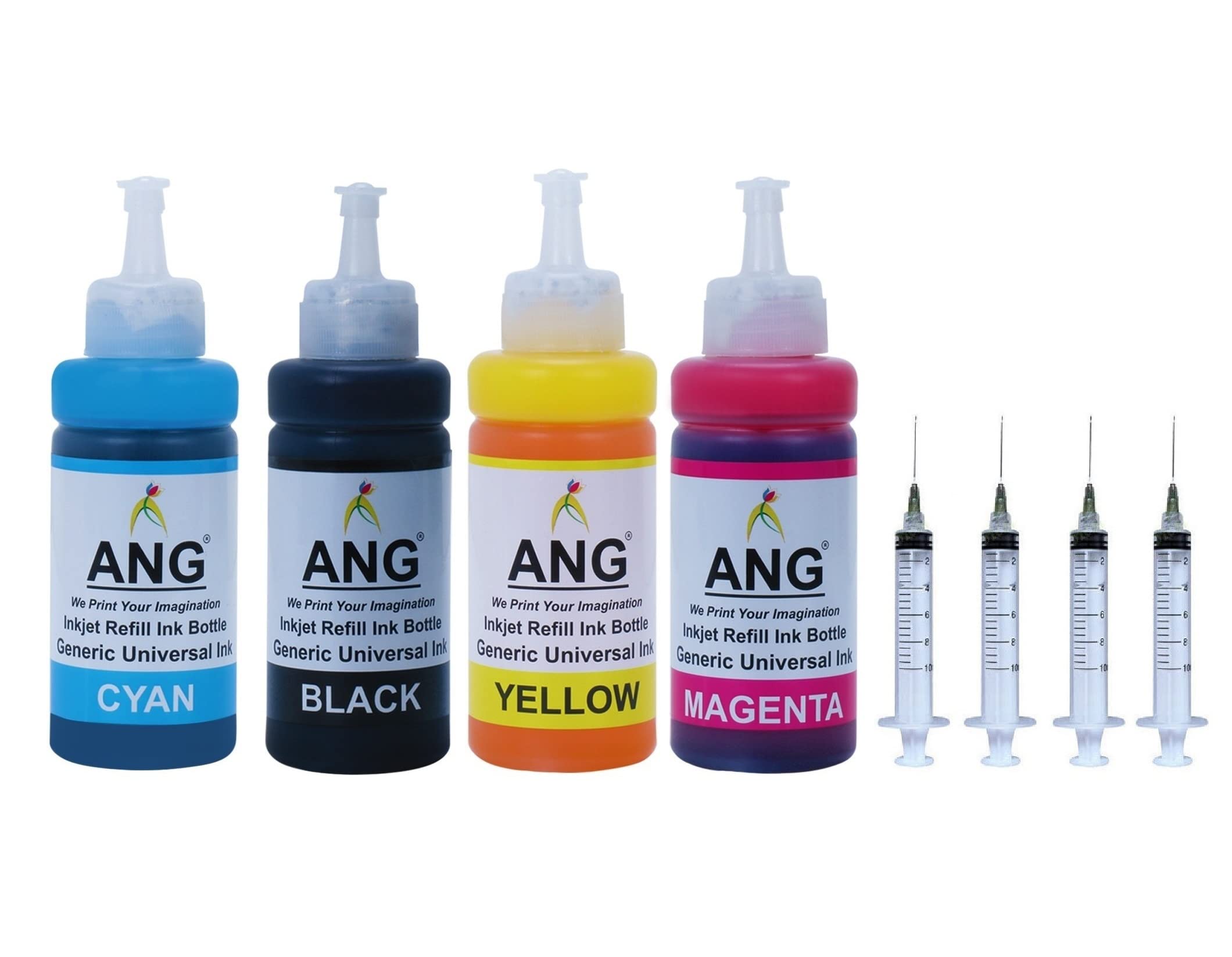 ANG Inkjet Refill Kit for Canon 810, 811, 810 X, 811 X, 47, 57, 745, 746, 745 X & 746 X | 4 Color Ink Bottles + 4 Syringes