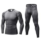 Mens Workout Compression Set Pants and Long Sleeve Shirts Winter Warm Thermal Baselayer Top & Bottom