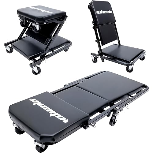 Mechanic Creeper 36 inches 3-in-1 Mode Z Seat 340lbs Capacity, Foldable Garage Adjustable Rolling Folding with 6pcs Wheels Roller, Lay Down Sit Lean Back, Under Car Auto Repair, Black, Man Gift