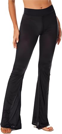 Jhaoyu Women Semi See-Through Zipper Crotch Flare Yoga Pants High Waisted Bootcut Wide Leg Workout Leggings