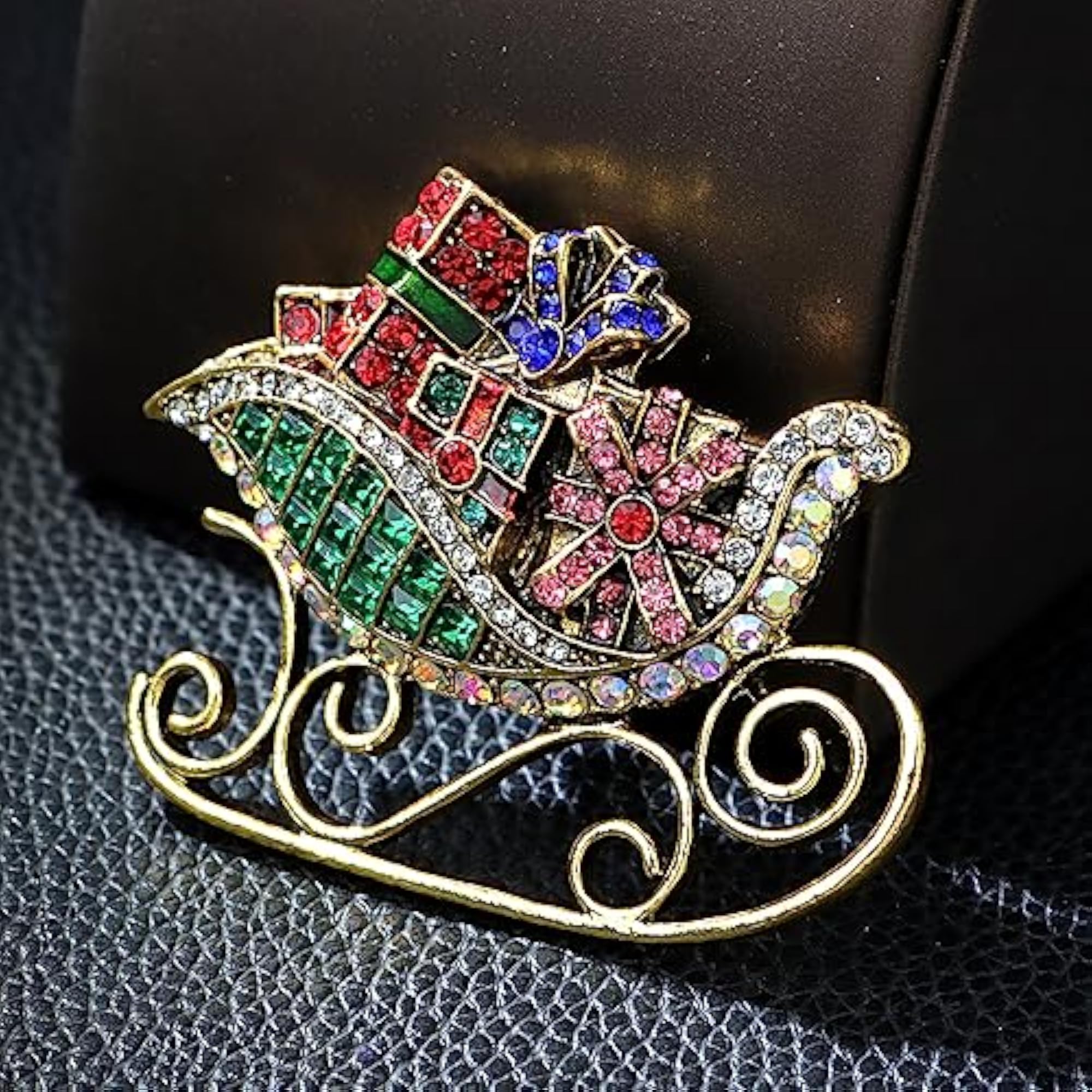 Christmas Sleigh Ride Multi-Colored Rhinestone Brooch Pin for Women & Men