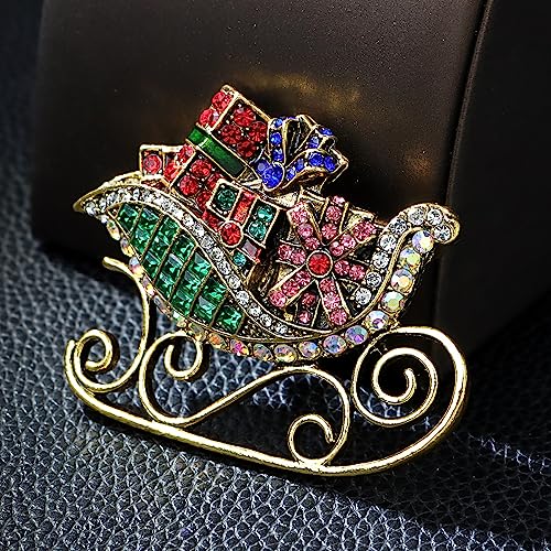 Image of Christmas Sleigh Ride Brooch Pin for Women Girls Men Multi-Colored Rhinestone Sled Presents Pins Clip Lapel Sweater Scarves Jackets Dress Brooches Pins Dainty Clothes Accessories Jewelry Gifts Xmas