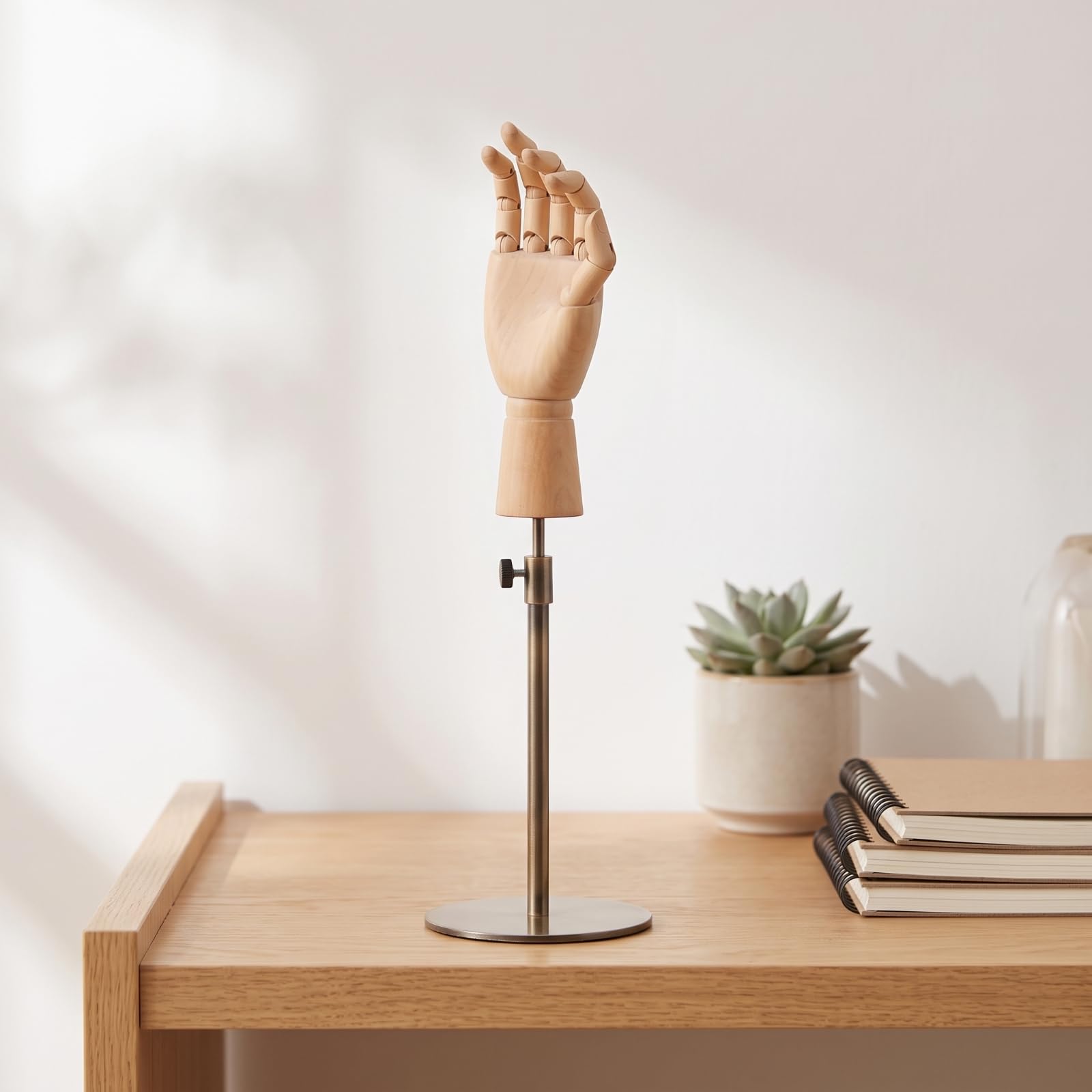 Holzhand Mannequin Hand Modell Handpuppe Zeichenhand Skizzenhand aus Geschnitztem Holz mit Justierbarem Handgelenk Und , Bronze , Runder Boden Höhenverstellbar