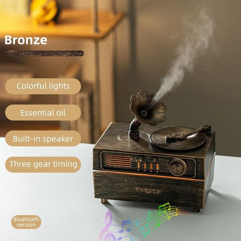 Humidificador Difusor de Aroma con Gramófono Retro Giratorio con Altavoz Bluetooth para Decoración del Hogar y la Oficina.