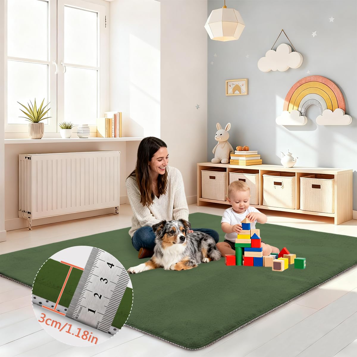 Tappeto Gioco Bambini Acolchado 3 cm Extra Spesso, Antiscivolo, Ideale per Pavimenti e Box Neonato, Palestra Neonati, Tappeto Tummy Time Neonati 100 x 220 cm Verde Oliva