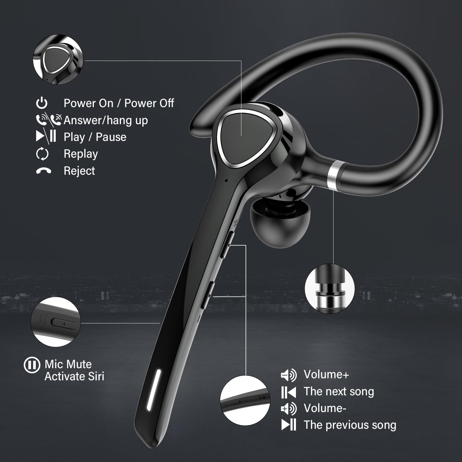 Bluetooth Headset, V5.4 Wireless Freisprech Telefon mit CVC 8.0 und ENC Dual Mikrofon, Bluetooth Ohrhörer mit 90h Spielzeit Mic Mute Zwei-Geräte-Verbindung für Büro Business Autofahren, Schwarz
