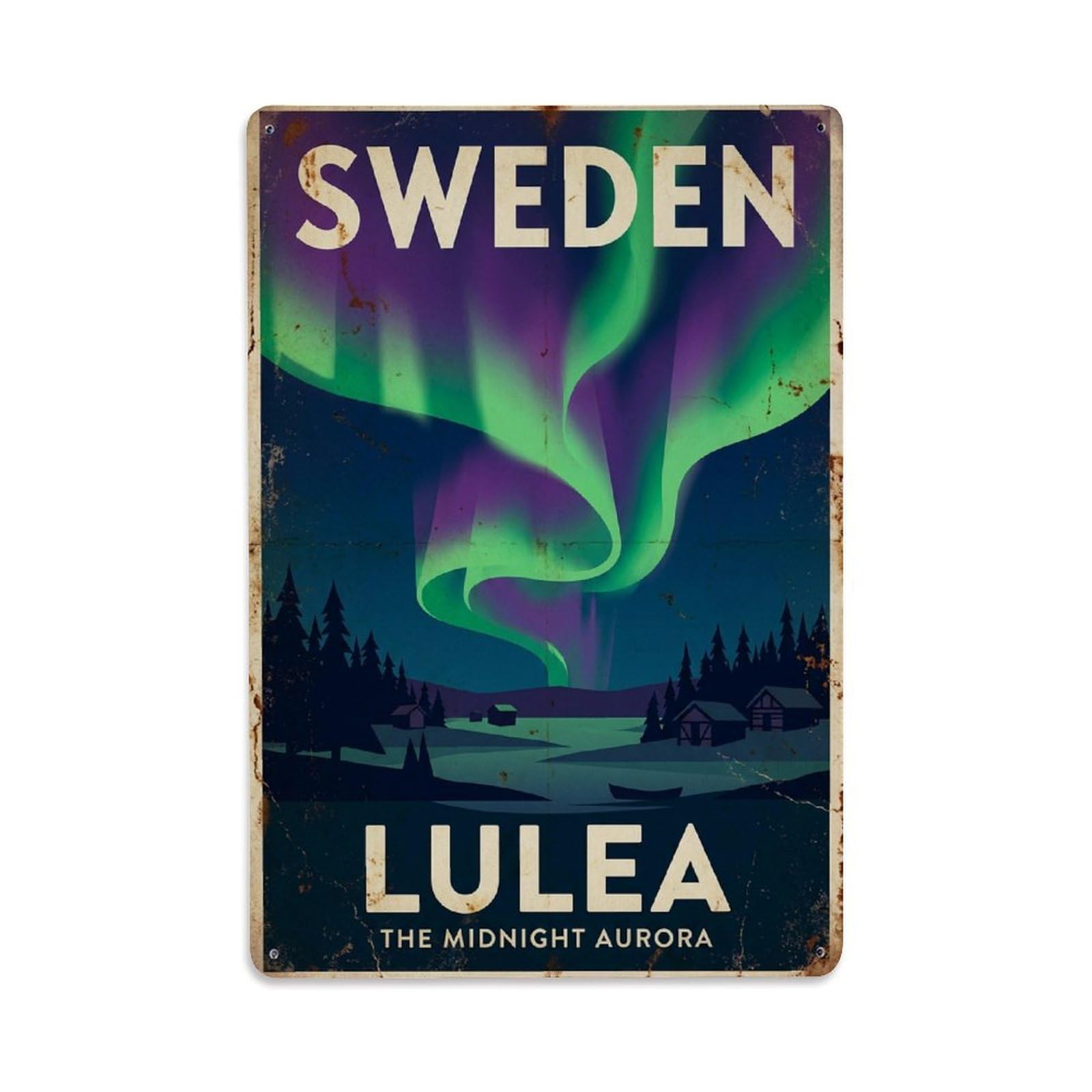 Vintage Travel Lulea Sweden Midnight Metal Tin Sign