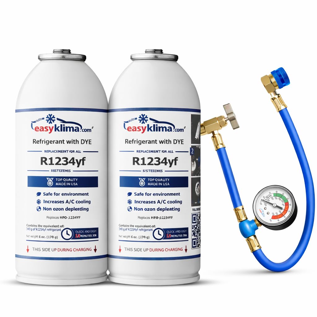 EasyKlima R1234yf Kältemittel mit UV Dye Set – 2x Dose Ersatz Kältemittel für Auto Klimaanlage + Schlauch mit Manometer – Klimaanlage Nachfüllen Set – Wartung Klimasystem