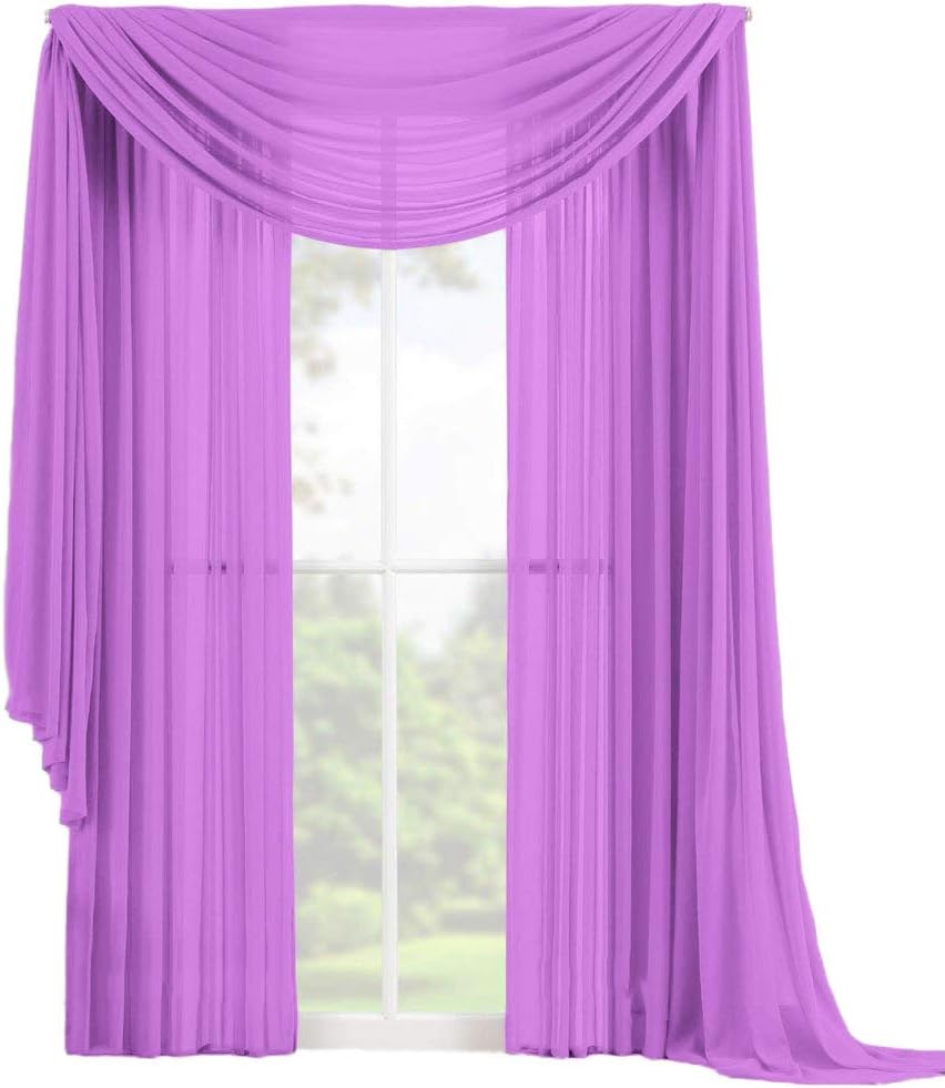 Decotex 3 Piece Elegant Sheer Voile Window Curtain Panel Drape Set Includes 2 Panels and 1 Matching Scarf (108" Length, Lilac) 108" Length Lilac