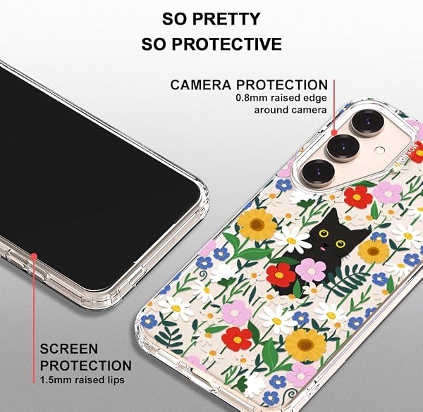 MOSNOVO Case for Samsung Galaxy S25 / Galaxy S24, [Buffertech 6.6ft Military-Grade Drop Protection] [Anti Peel Off Tech] Clear TPU Bumper Phone Case Cover Design - Black Cat in Garden - 4