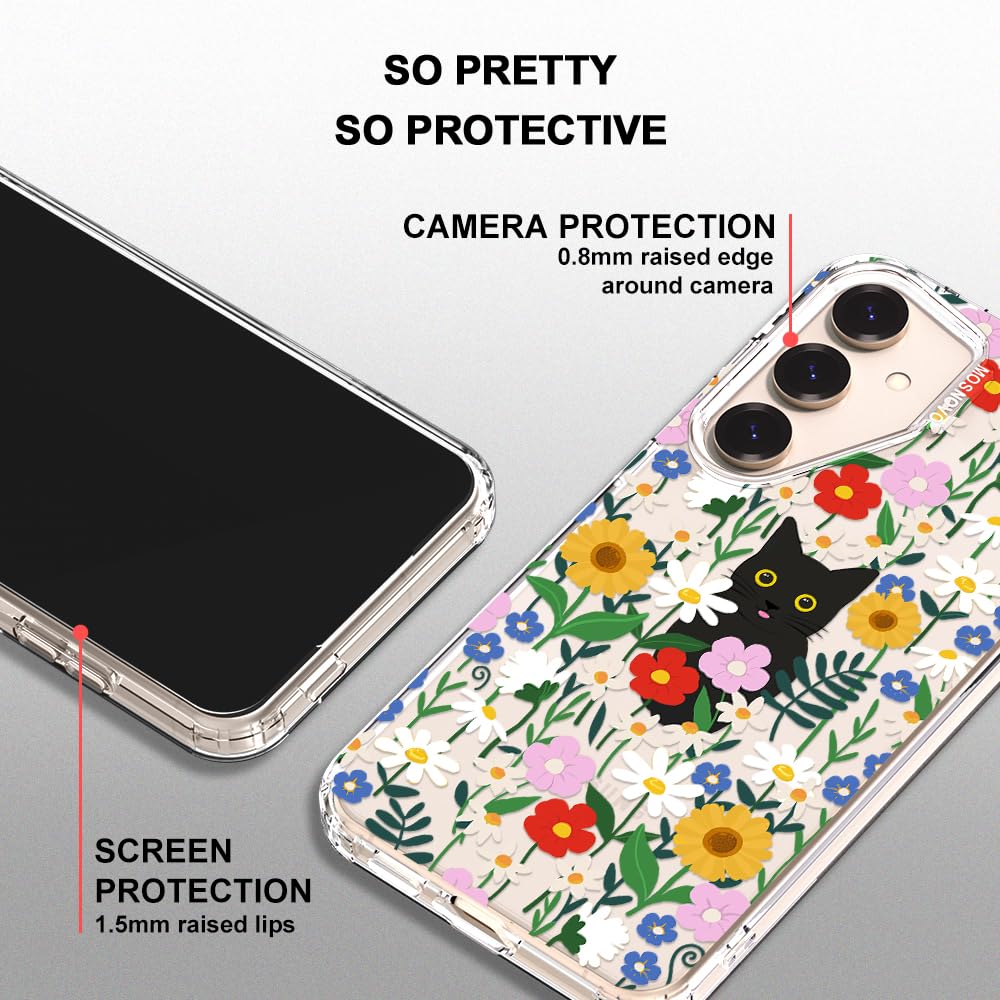 MOSNOVO Case for Samsung Galaxy S25 / Galaxy S24, [Buffertech 6.6ft Military-Grade Drop Protection] [Anti Peel Off Tech] Clear TPU Bumper Phone Case Cover Design - Black Cat in Garden - 4