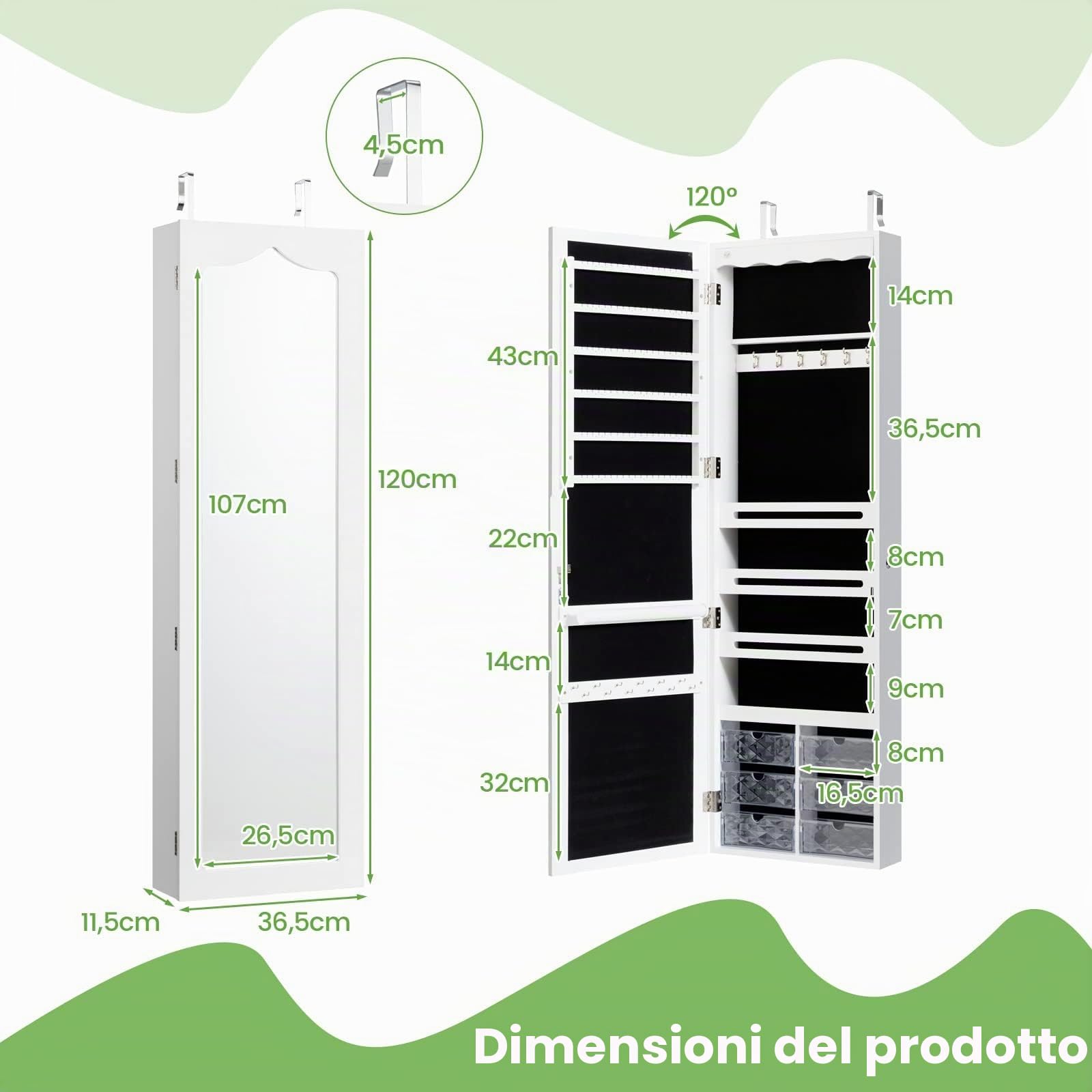 FANTASK Armadietto per gioielli da appendere, con illuminazione a LED, specchio e 6 cassetti, pensile per montaggio a porta e parete, per gioielli e cosmetici, bianco