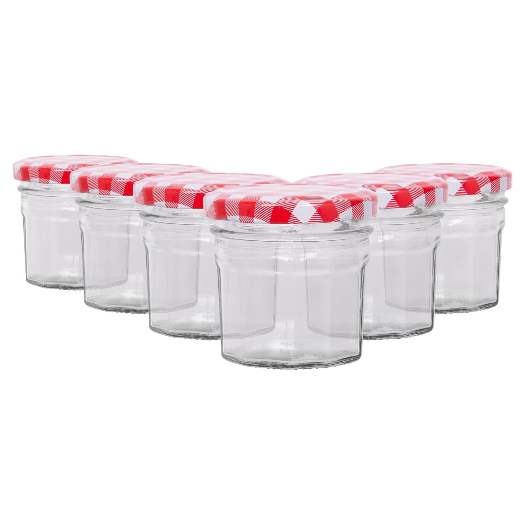 Argon Tableware Glass Jam Jars with Airtight Red Gingham Lids - 90ml - Pack of 6 - Empty Screw Top Kitchen Storage Jar for Food, Honey, Spice, Pickling, Preserving, Candle Making