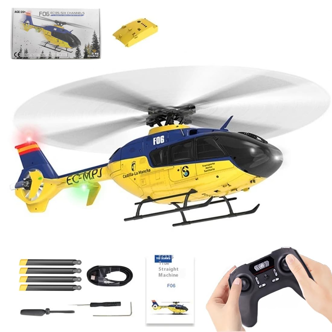 YUXIANG F06 EC-135 RC Helicóptero, escala 1/36 6CH avión sin escobillas de accionamiento directo con estabilización giroscópica, helicóptero de control remoto 3D para adultos y principiantes (versión