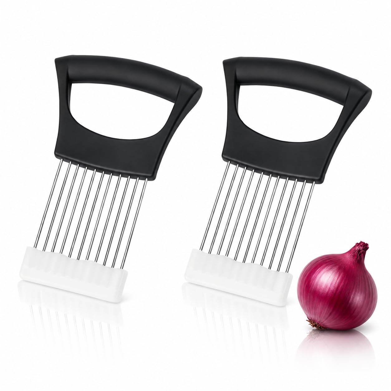 2PCS Onion Holder for Slicing, Stainless Steel Onion Slicer & Vegetable Holder with Protective Cover, Vegetable Cutter Kitchen Gadgets, Kitchen Utensil Food Slicer for Onions, Tomatoes, Potatoes