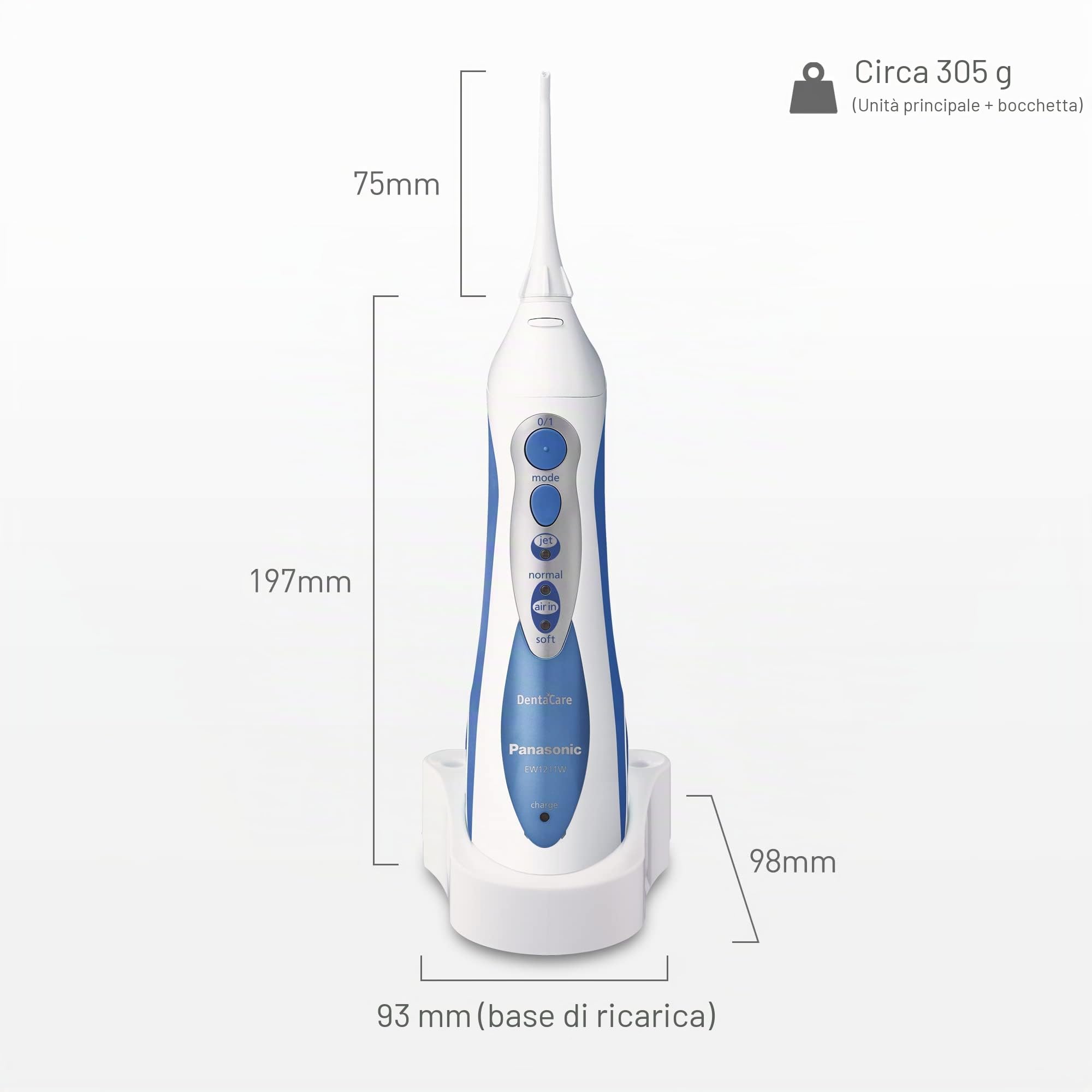 Panasonic - EW1211W - Irrigatore Orale Ricaricabile Dentacare, Bianco/Blu, Confezione da 1