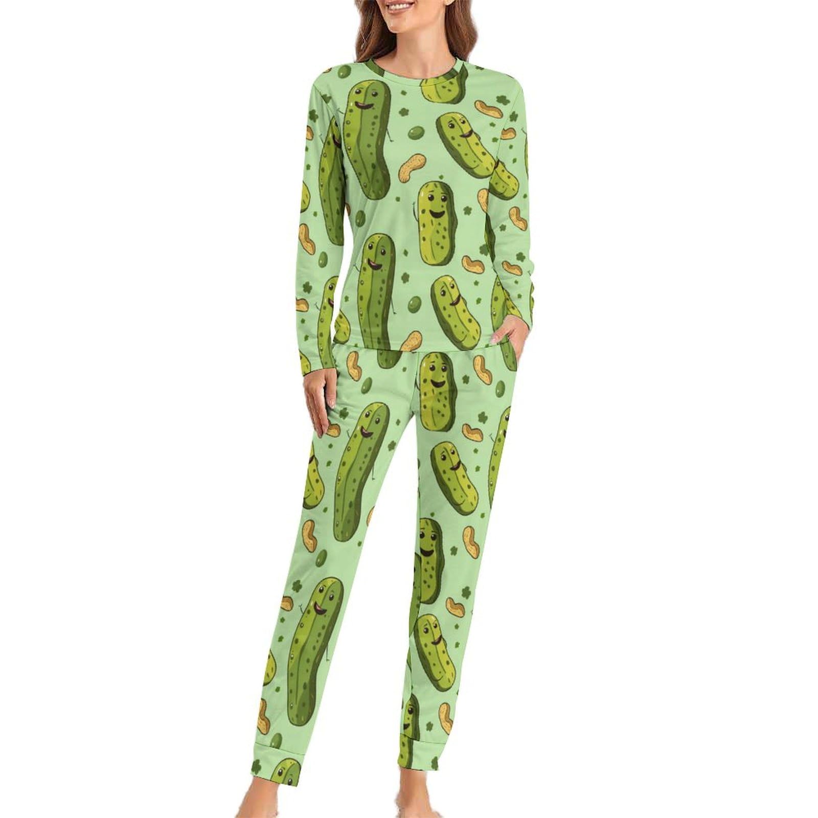 KWQDOZF Funny Pickle And Peanut Womens Pajamas Set 2 Piece Loungewear Soft Long Sleeve Sleepwear
